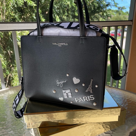 Karl Lagerfeld Black Paris Embellished Tote/Satchel, Adjustable Shoulder Strap! - Picture 1 of 9